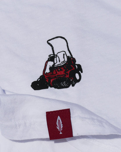 white tshirt with a lawn mower design by feather and hide